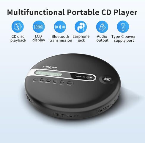 مشغل أقراص مضغوطة محمول من توماشي مزود بتقنية البلوتوث، ومشغل أقراص مضغوطة Walkman مع سماعات أذن، وحماية ضد التخطي لمدة 40 ثانية، وصوت ستيريو، ومدخل AUX، يعمل بالبطارية وطاقة USB للسيارة والمنزل والسفر in Saudi Arabia