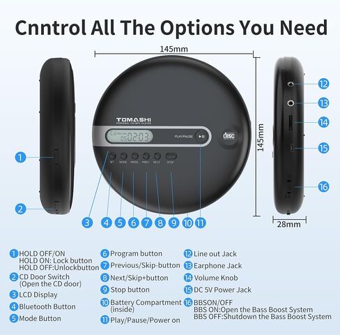 مشغل أقراص مضغوطة محمول من توماشي مزود بتقنية البلوتوث، ومشغل أقراص مضغوطة Walkman مع سماعات أذن، وحماية ضد التخطي لمدة 40 ثانية، وصوت ستيريو، ومدخل AUX، يعمل بالبطارية وطاقة USB للسيارة والمنزل والسفر in Saudi Arabia