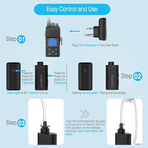 SAMCOM BTEAR01 Wireless Earpiece with Clear Airtube Tube 2 Pin Dongle for Two-Way Radios, FPCN30A/FPCN10A Wireless Headset Earphone with Mic 2-Pin K Plug, Radio NOT Included in Saudi Arabia