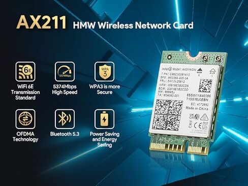 Intel AX211NGW Wi-Fi 6E Laptop Mobile Wireless Card: Tri-Band (2.4/5/6GHz), 2.4Gbps max Speed, Bluetooth 5.3, M.2 2230 CNVio2, MU-MIMO, OFDMA, Miracast. Support for Windows, Linux and Chrome. in Saudi Arabia