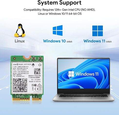 Intel AX211NGW Wi-Fi 6E Laptop Mobile Wireless Card: Tri-Band (2.4/5/6GHz), 2.4Gbps max Speed, Bluetooth 5.3, M.2 2230 CNVio2, MU-MIMO, OFDMA, Miracast. Support for Windows, Linux and Chrome. in Saudi Arabia