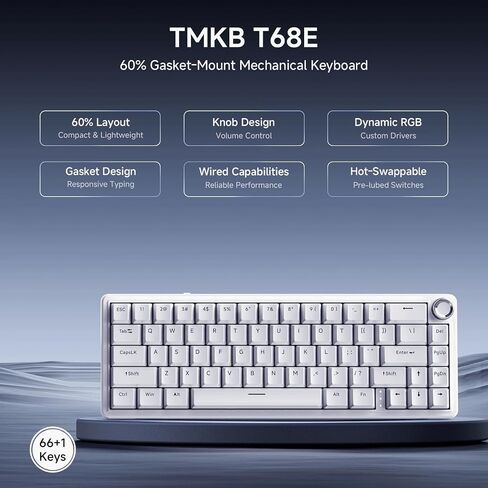 TMKB T68E 60% Wired Gaming Mechanical Keyboard, RGB Backlit Hot-Swappable Gasket Mount, Creamy Keyboard with Pre-Lubed Blueberry Switch, White in Saudi Arabia
