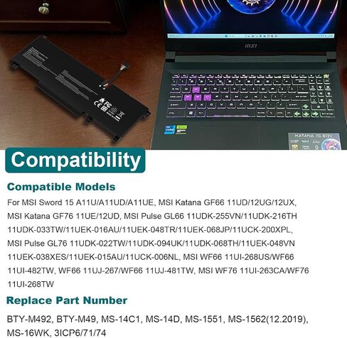 TREE.NB BTY-M492 Laptop Battery Replacement for MSI WF66 WF76 11UI 11UJ Katana GF66 11UD 12UG 12UX GF76 11UE 12UD Crosshair 15 17 A11UCK A11UDK A11UEK Sword 15 A11U A11UD Pulse in Saudi Arabia