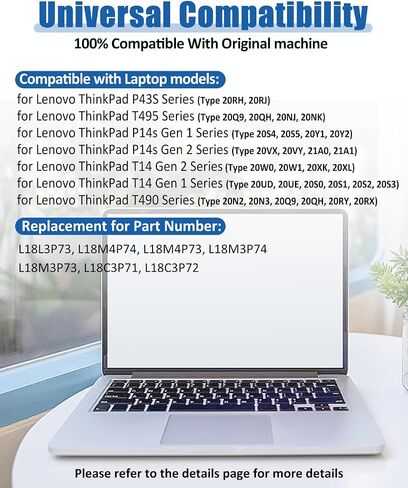 بطارية 51Wh L18M3P74 L18L3P73 لجهاز Lenovo ThinkPad T14 (Gen1/Gen2)، T490، T495، P43s & P14s Series تحل محل الطراز 02DL007 SB10K97646 L18C3P72 L18M3P73 in Saudi Arabia