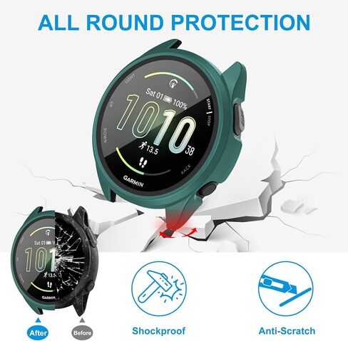 حافظة مكونة من 6 قطع لجهاز Garmin Forerunner 165/Forerunner 165 Music مع واقي شاشة من الزجاج المقوى، غطاء واقٍ صلب مقاوم للصدمات من البولي كربونات متوافق مع Garmin Forerunner 165/165 Music in Kuwait