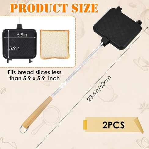 2PCS Campfire Sandwich Maker with Removable Long Handle, Non-Stick Pie Iron Sandwich Toaster, 23.6" Length Cast Aluminum Toaster for Home BBQ Camping Grilling Outdoor Cooking in Saudi Arabia