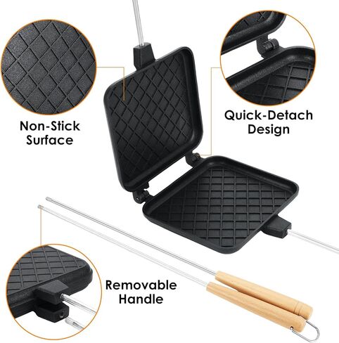 2PCS Campfire Sandwich Maker with Removable Long Handle, Non-Stick Pie Iron Sandwich Toaster, 23.6" Length Cast Aluminum Toaster for Home BBQ Camping Grilling Outdoor Cooking in Saudi Arabia
