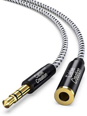 CableCreation 1.8M 3.5mm ذكر إلى أنثى تمديد كابل تمديد صوت ستيريو، كابل تمديد سماعة الرأس 6 أقدام، كابل Aux نحيف وناعم مع موصل مطلي بالذهب، أبيض وأسود in Saudi Arabia
