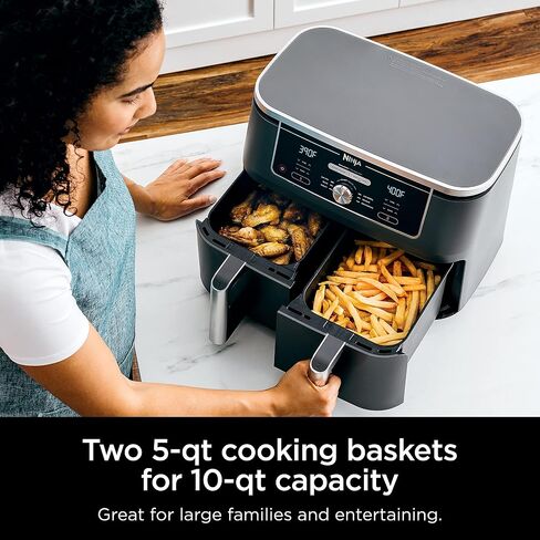 Ninja DZ401 Foodi 10 Quart 6-in-1 DualZone XL 2-Basket Air Fryer with 2 Independent Frying Baskets, Match Cook & Smart Finish to Roast, Broil, Dehydrate & More for Quick, Grey (Renewed) in Saudi Arabia