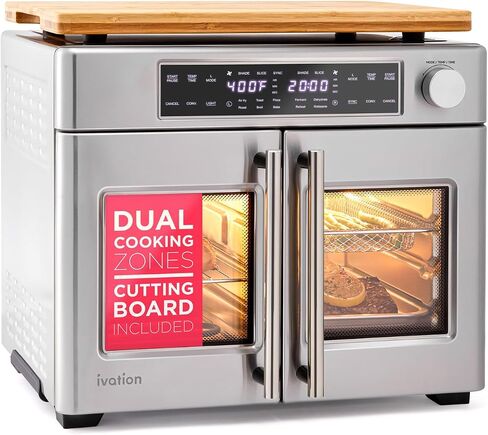 Ivation Dual Zone Air Fryer French Door Oven - 32 Quatity Convection Toaster Combo, 10-in-1 Multifunction Up to 450° - 1800W - Temperature Control, Timer - Stainless Steel - Dehydrate, Bake, Roast in Saudi Arabia