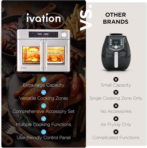 Ivation Dual Zone Air Fryer French Door Oven - 32 Quatity Convection Toaster Combo, 10-in-1 Multifunction Up to 450° - 1800W - Temperature Control, Timer - Stainless Steel - Dehydrate, Bake, Roast in Saudi Arabia