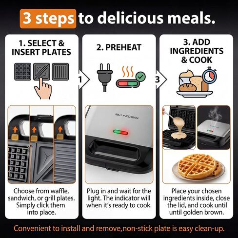 KEINVE 3-in-1 Sandwich Maker, Waffle Maker and Panini Press Grill, Black in Saudi Arabia