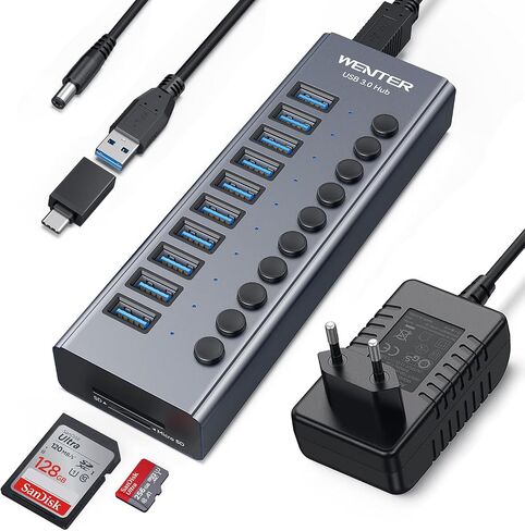 موزع USB 3.0 يعمل بالطاقة، محور USB يعمل بـ 10 منافذ بقدرة 36 ​​وات، موزع USB من الألومنيوم مع مفاتيح تشغيل/إيقاف فردية، قارئات بطاقة SD/TF ومحول طاقة 12 فولت/3 أمبير للكمبيوتر الشخصي/أجهزة الكمبيوتر المحمولة/MacBook Pro/Air/iMac/iPad in Saudi Arabia