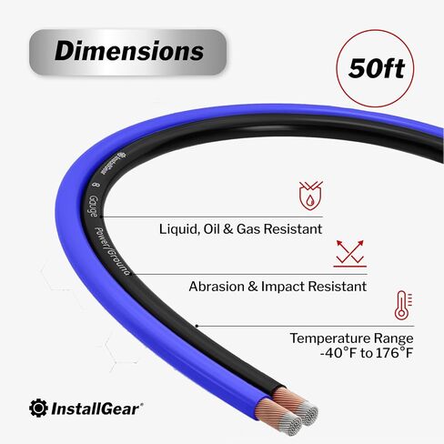 InstallGear 8 Gauge Wire (50Ft) Copper Clad Aluminum CAA - Primary Automotive, Car Amplifier Power and Ground Cable, Battery Cable, Audio Speaker Stereo, RV Trailer Wiring in Saudi Arabia