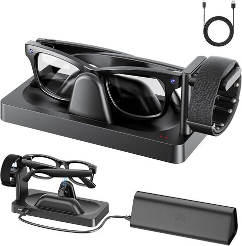 قاعدة شحن لنظارات العرض Meta Ray-Ban والفرقة العصبية | محطة شحن 3 في 1 مع قاعدة مضادة للانزلاق، مؤشر LED ومخرج USB، حامل شاحن النظارات الذكية المستقر in Kuwait