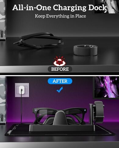 قاعدة شحن لنظارات العرض Meta Ray-Ban والفرقة العصبية | محطة شحن 3 في 1 مع قاعدة مضادة للانزلاق، مؤشر LED ومخرج USB، حامل شاحن النظارات الذكية المستقر in Kuwait