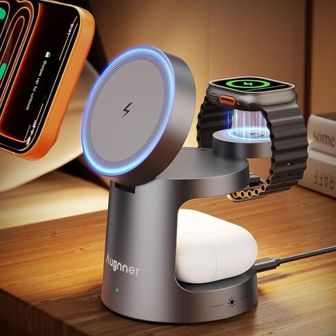 Qi2.2 25W 3 in 1 Charging Station for Apple Compatible with MagSafe Foldable Wireless Charger, Magnetic Charger with Night Light for iPhone 17/16/15/14/13/12, Apple Watch & AirPods (Grey) in Saudi Arabia