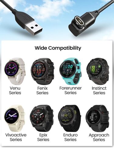 Sinoacc Charger Cable for Fenix 8 Pro E 7 6 5 Vivoactive 6 5 4 3 Forerunner 55 165 245 255 955 965 970 Venu Sq 2 3S 4 Instinct 2 3 Approach D2 Epix Vivomove 3.3ft USB Braided 90-Degree Charging Cable in Saudi Arabia
