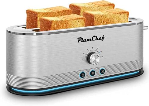 Plum chef 4-Slice Toaster with Light Strip, Extra Long Slot Toaster, 7 Browning Settings, Defrost/Reheat Functions, Removable Crumb Tray, Stainless Steel Housing, Anti-Jam & Self-Centering in Saudi Arabia