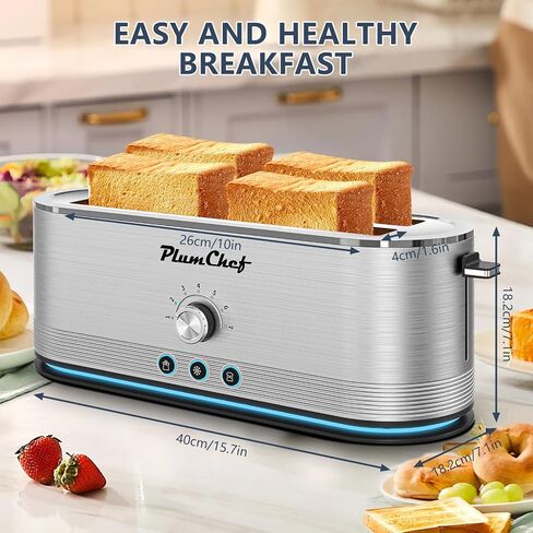 Plum chef 4-Slice Toaster with Light Strip, Extra Long Slot Toaster, 7 Browning Settings, Defrost/Reheat Functions, Removable Crumb Tray, Stainless Steel Housing, Anti-Jam & Self-Centering in Saudi Arabia