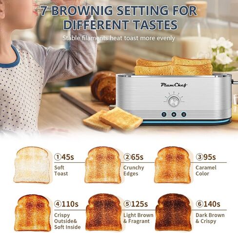 Plum chef 4-Slice Toaster with Light Strip, Extra Long Slot Toaster, 7 Browning Settings, Defrost/Reheat Functions, Removable Crumb Tray, Stainless Steel Housing, Anti-Jam & Self-Centering in Saudi Arabia
