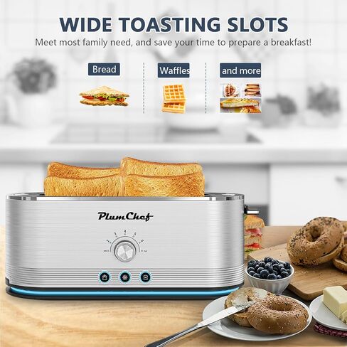 Plum chef 4-Slice Toaster with Light Strip, Extra Long Slot Toaster, 7 Browning Settings, Defrost/Reheat Functions, Removable Crumb Tray, Stainless Steel Housing, Anti-Jam & Self-Centering in Saudi Arabia