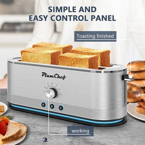 Plum chef 4-Slice Toaster with Light Strip, Extra Long Slot Toaster, 7 Browning Settings, Defrost/Reheat Functions, Removable Crumb Tray, Stainless Steel Housing, Anti-Jam & Self-Centering in Saudi Arabia