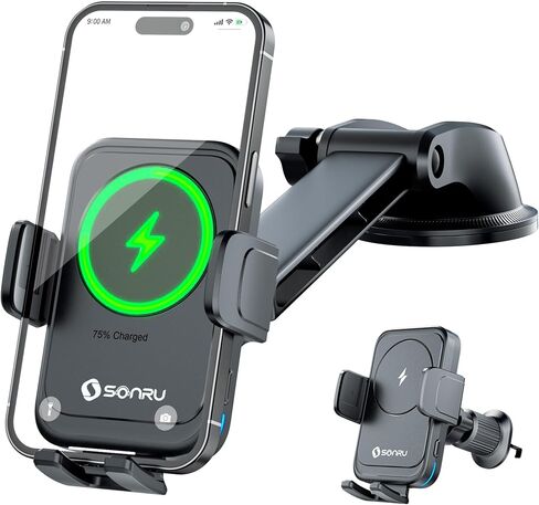 SONRU Car Phone Holder Wireless Charger, Qi 15W Wireless Car Charger Fast Charging Auto Clamping Car Charger Mount Suction Holder Dashboard Air Vent for iPhone 16/15/14/13/12/11, Samsung S25/24 in Saudi Arabia