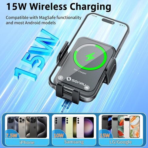 SONRU Car Phone Holder Wireless Charger, Qi 15W Wireless Car Charger Fast Charging Auto Clamping Car Charger Mount Suction Holder Dashboard Air Vent for iPhone 16/15/14/13/12/11, Samsung S25/24 in Saudi Arabia