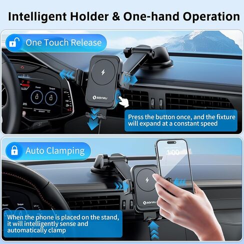 SONRU Car Phone Holder Wireless Charger, Qi 15W Wireless Car Charger Fast Charging Auto Clamping Car Charger Mount Suction Holder Dashboard Air Vent for iPhone 16/15/14/13/12/11, Samsung S25/24 in Saudi Arabia