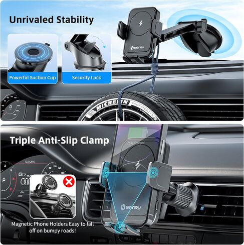 SONRU Car Phone Holder Wireless Charger, Qi 15W Wireless Car Charger Fast Charging Auto Clamping Car Charger Mount Suction Holder Dashboard Air Vent for iPhone 16/15/14/13/12/11, Samsung S25/24 in Saudi Arabia