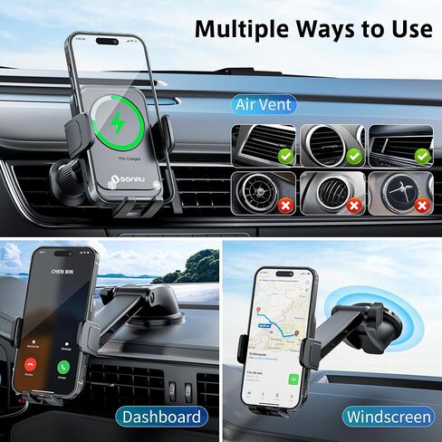 SONRU Car Phone Holder Wireless Charger, Qi 15W Wireless Car Charger Fast Charging Auto Clamping Car Charger Mount Suction Holder Dashboard Air Vent for iPhone 16/15/14/13/12/11, Samsung S25/24 in Saudi Arabia
