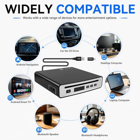Portable External Bluetooth CD Player for Car | Supports Type-C/USB Connections | Compatible Laptop, MacBook,TV, Bluetooth Speaker Android 4.4 and Above Navigation | High-Fidelity Sound Quality in Saudi Arabia