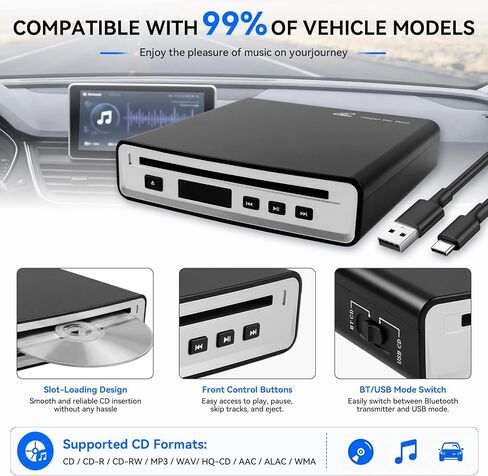 Portable External Bluetooth CD Player for Car | Supports Type-C/USB Connections | Compatible Laptop, MacBook,TV, Bluetooth Speaker Android 4.4 and Above Navigation | High-Fidelity Sound Quality in Saudi Arabia