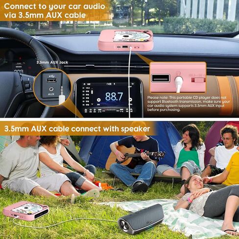 Portable CD Player with Bluetooth, Rechargeable CD Player for Home/Car, Built-in HiFi Speakers, Headphones, LCD Screen, Supports CD/AUX/USB and Repeat Modes, Pink in Saudi Arabia
