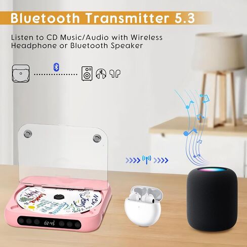 Portable CD Player with Bluetooth, Rechargeable CD Player for Home/Car, Built-in HiFi Speakers, Headphones, LCD Screen, Supports CD/AUX/USB and Repeat Modes, Pink in Saudi Arabia