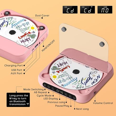 Portable CD Player with Bluetooth, Rechargeable CD Player for Home/Car, Built-in HiFi Speakers, Headphones, LCD Screen, Supports CD/AUX/USB and Repeat Modes, Pink in Saudi Arabia