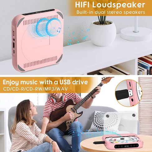 Portable CD Player with Bluetooth, Rechargeable CD Player for Home/Car, Built-in HiFi Speakers, Headphones, LCD Screen, Supports CD/AUX/USB and Repeat Modes, Pink in Saudi Arabia