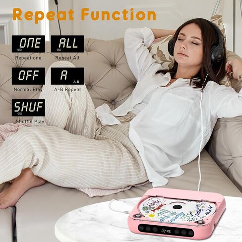 Portable CD Player with Bluetooth, Rechargeable CD Player for Home/Car, Built-in HiFi Speakers, Headphones, LCD Screen, Supports CD/AUX/USB and Repeat Modes, Pink in Saudi Arabia