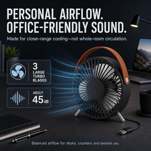 USB Desk Fan, 5.5-Inch Mini Personal Table Fan with 3 Large Blades, Quiet 45 dB Brushless Motor, Fixed Metal Legs and Carry Loop, 5V 2.5W, 39.3-Inch Cable, Blac in Saudi Arabia
