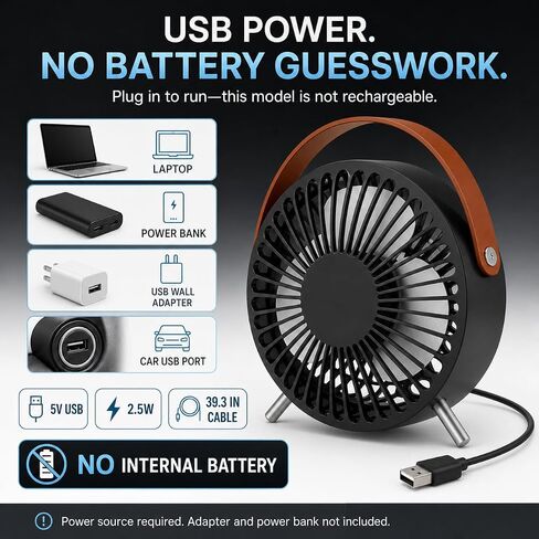 USB Desk Fan, 5.5-Inch Mini Personal Table Fan with 3 Large Blades, Quiet 45 dB Brushless Motor, Fixed Metal Legs and Carry Loop, 5V 2.5W, 39.3-Inch Cable, Blac in Saudi Arabia