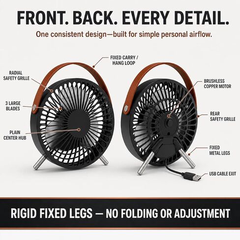 USB Desk Fan, 5.5-Inch Mini Personal Table Fan with 3 Large Blades, Quiet 45 dB Brushless Motor, Fixed Metal Legs and Carry Loop, 5V 2.5W, 39.3-Inch Cable, Blac in Saudi Arabia