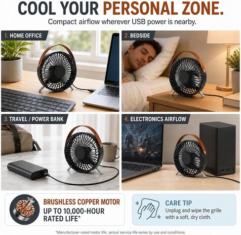 USB Desk Fan, 5.5-Inch Mini Personal Table Fan with 3 Large Blades, Quiet 45 dB Brushless Motor, Fixed Metal Legs and Carry Loop, 5V 2.5W, 39.3-Inch Cable, Blac in Saudi Arabia