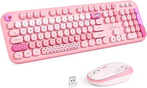 Wireless Keyboard and Mouse Combo, MOWUX Full Size Typewriter Retro Round Computer Keyboard, Cute Optical Mouse Wireless, Plug and Play, for Laptop, PC, Computer- Pink Heart in Saudi Arabia