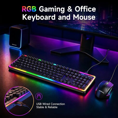 memzuoix Wired RGB Keyboard and Mouse Combo, Full-Size Keyboard with Number Pad and 6400 DPI LED Mouse, 2.4G Plug and Play Keyboard Mouse Set for PC, Laptop, Mac, Office & Gaming, Black in Saudi Arabia