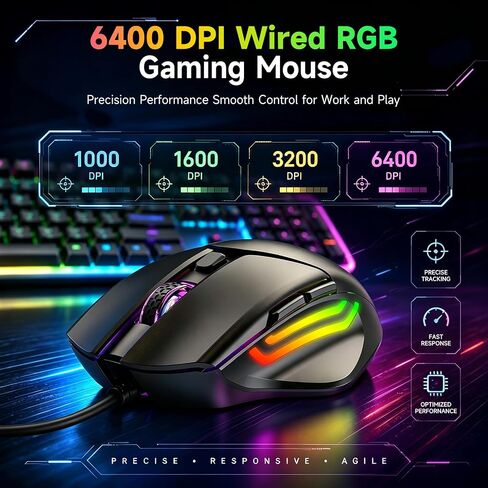 memzuoix Wired RGB Keyboard and Mouse Combo, Full-Size Keyboard with Number Pad and 6400 DPI LED Mouse, 2.4G Plug and Play Keyboard Mouse Set for PC, Laptop, Mac, Office & Gaming, Black in Saudi Arabia
