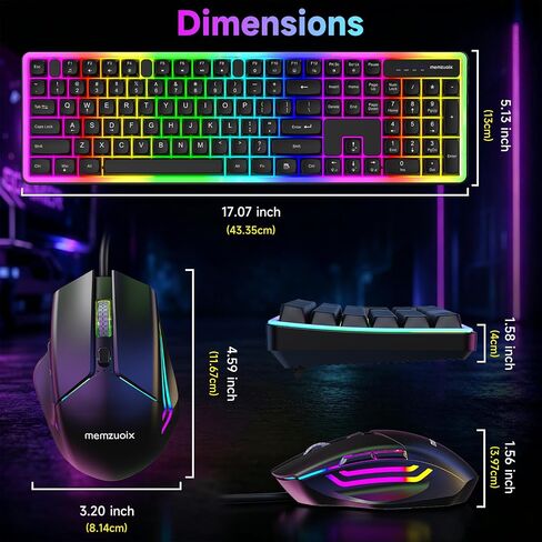 memzuoix Wired RGB Keyboard and Mouse Combo, Full-Size Keyboard with Number Pad and 6400 DPI LED Mouse, 2.4G Plug and Play Keyboard Mouse Set for PC, Laptop, Mac, Office & Gaming, Black in Saudi Arabia