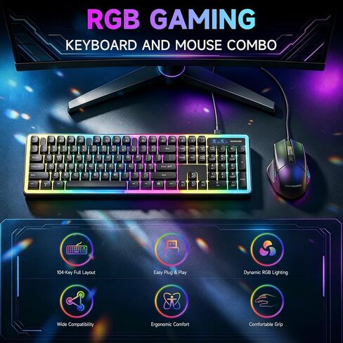 memzuoix Wired RGB Keyboard and Mouse Combo, Full-Size Keyboard with Number Pad and 6400 DPI LED Mouse, 2.4G Plug and Play Keyboard Mouse Set for PC, Laptop, Mac, Office & Gaming, Black in Saudi Arabia