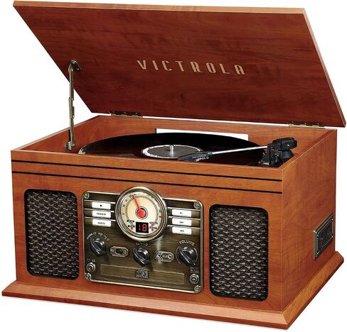 Victrola Ashford - مشغل تسجيل بلوتوث بحزام ثلاثي السرعات مع قرص مضغوط وكاسيت وراديو FM ومكبرات صوت ستيريو مدمجة ومدمجة (الماهوجني) in Saudi Arabia