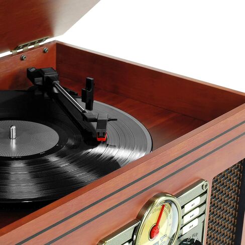 Victrola Ashford - مشغل تسجيل بلوتوث بحزام ثلاثي السرعات مع قرص مضغوط وكاسيت وراديو FM ومكبرات صوت ستيريو مدمجة ومدمجة (الماهوجني) in Saudi Arabia